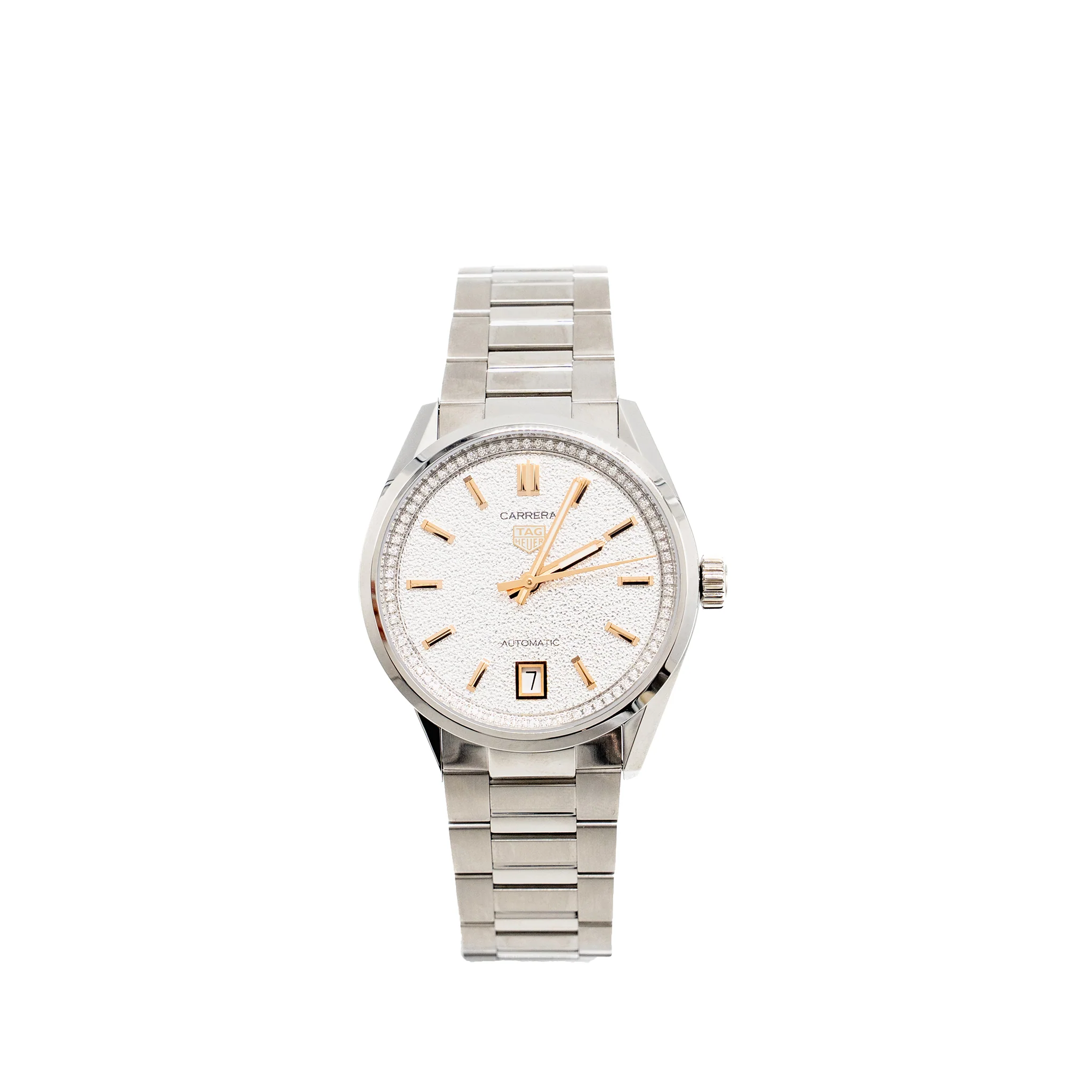 TAG HEUER Carrera Date 36mm Steel, Silver Hammered Dial with Diamonds, Rose Gold Indexes and Hands, Model: WBN231B