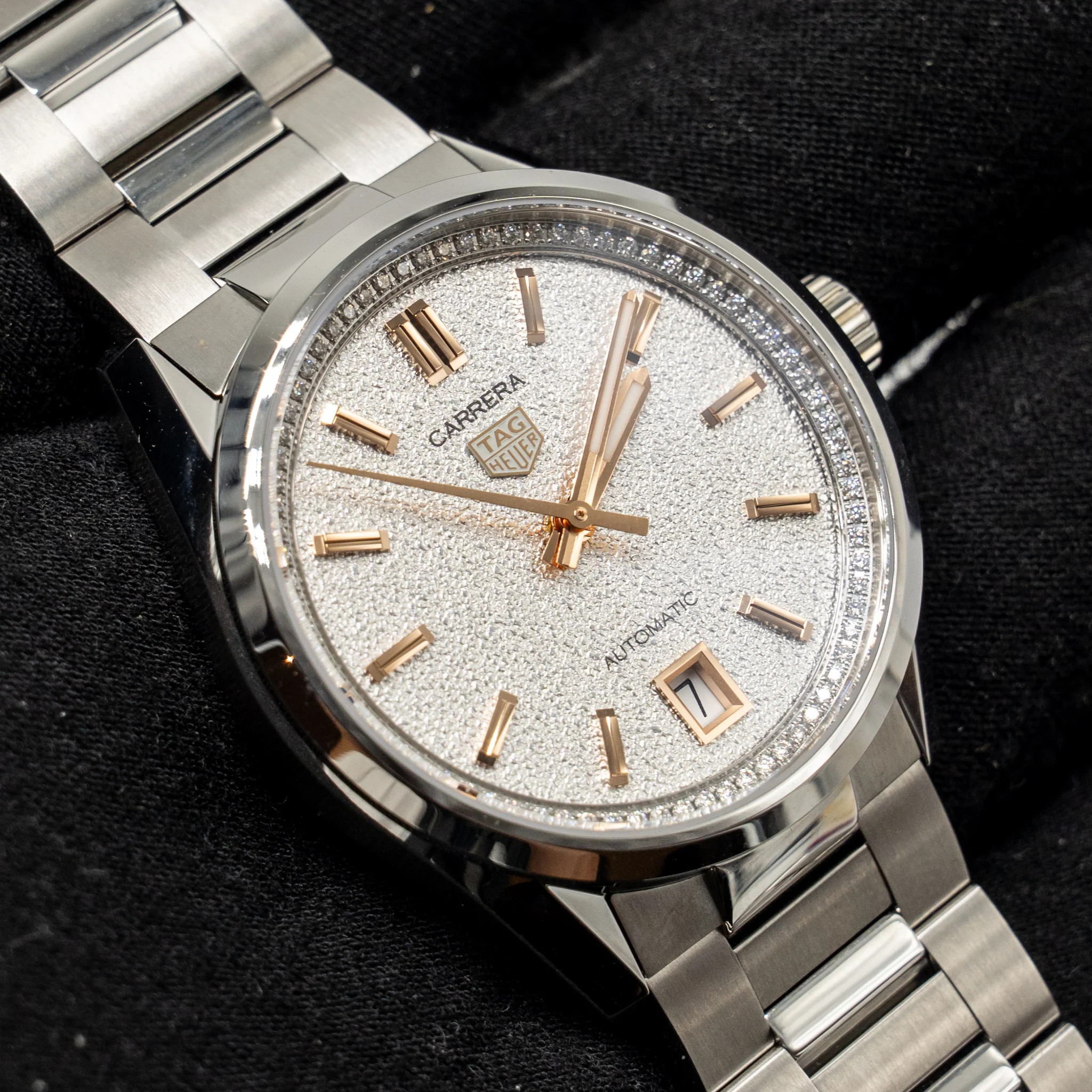 TAG HEUER Carrera Date 36mm Steel, Silver Hammered Dial with Diamonds, Rose Gold Indexes and Hands, Model: WBN231B - Image 6