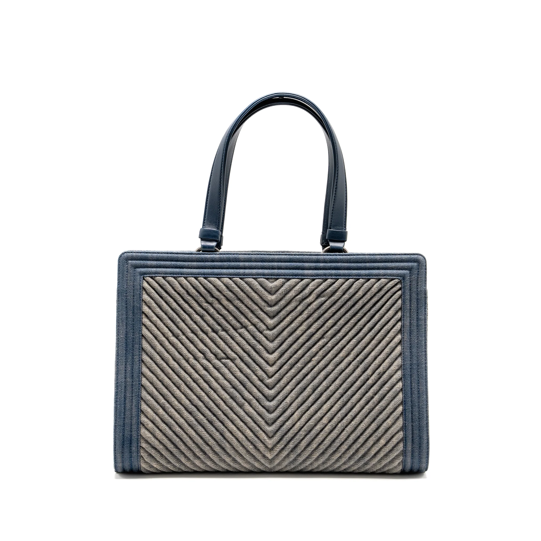 Chanel 15P Boy Chevron Shopping Tote Bag Denim/ Lambskin Blue Ruthenium Hardware - Image 2
