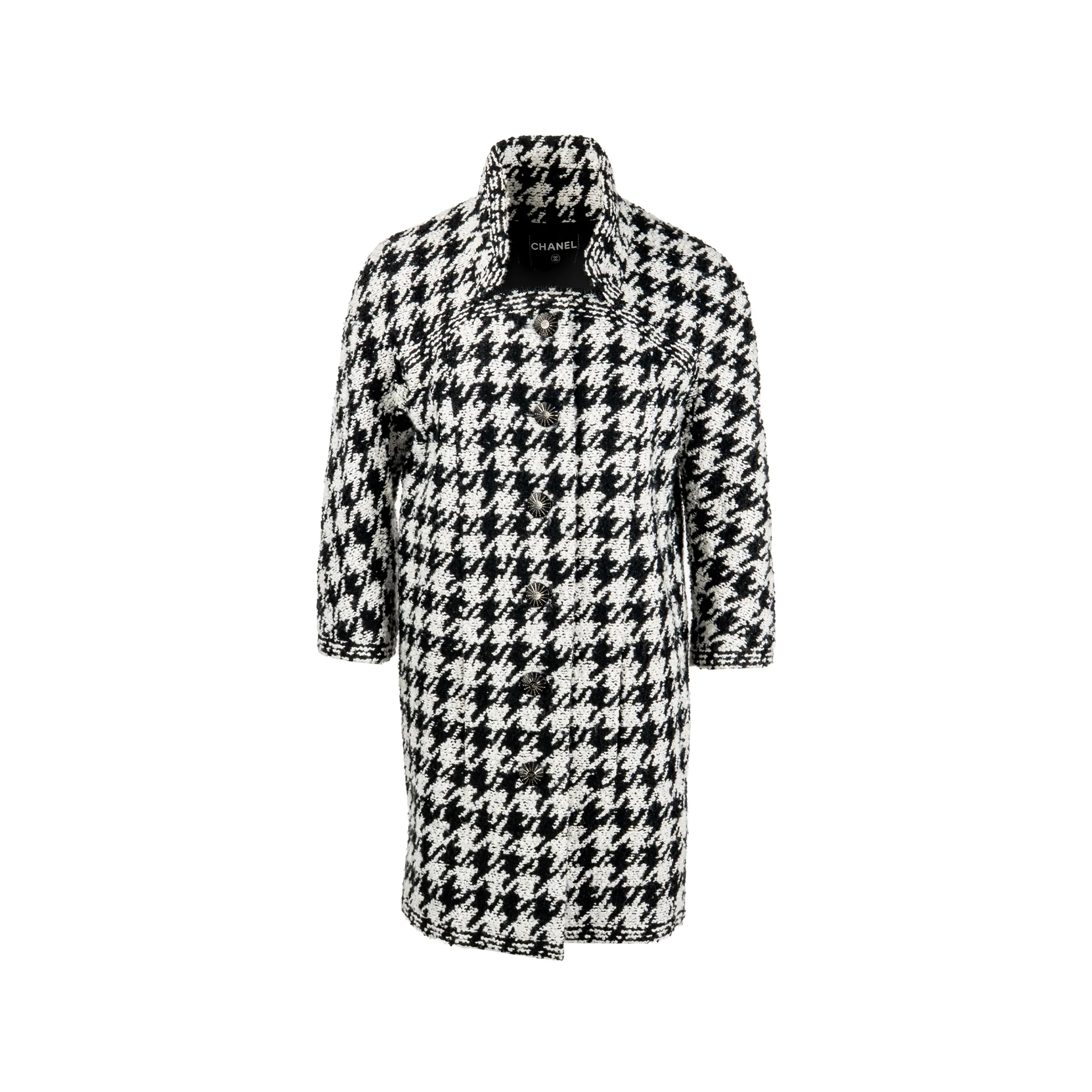 Chanel 16B Size 38 Houndstooth Tweed Coat Acrylic/Wool/Nylon/Polyester Black/Ecru