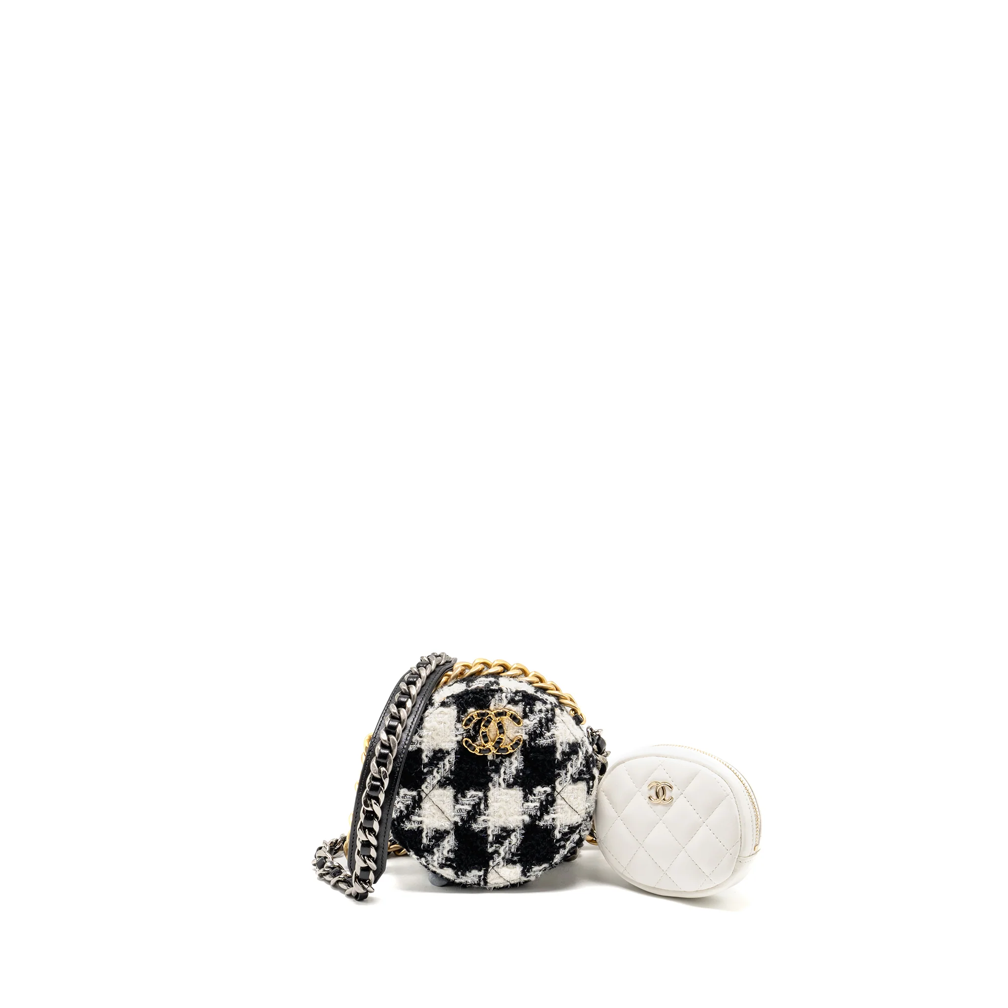 Chanel 19 round clutch with chain with coin purse tweed / lambskin black/ white GHW