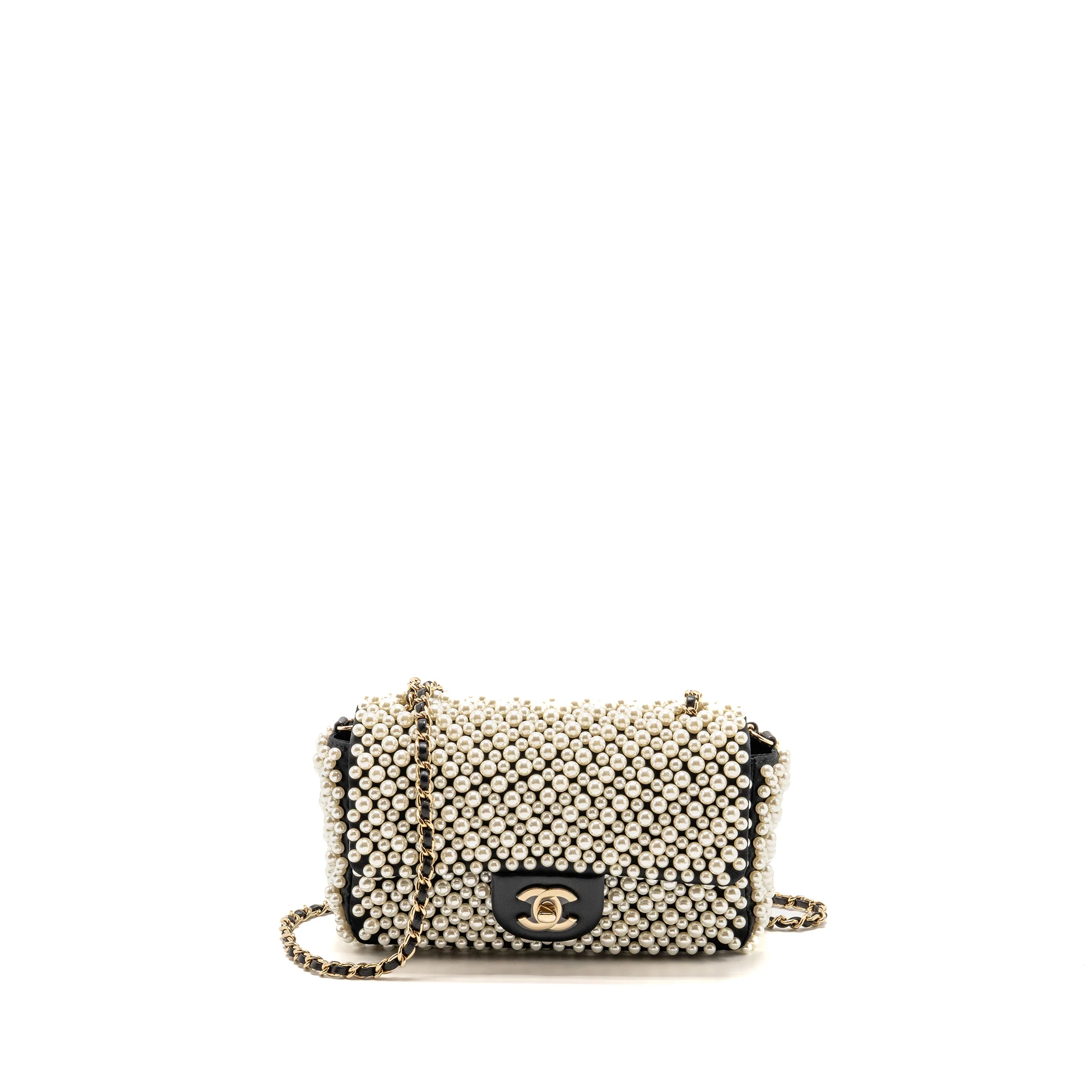 Chanel 19S pearl flap mini rectangular flap bag satin/ lambskin black LGHW