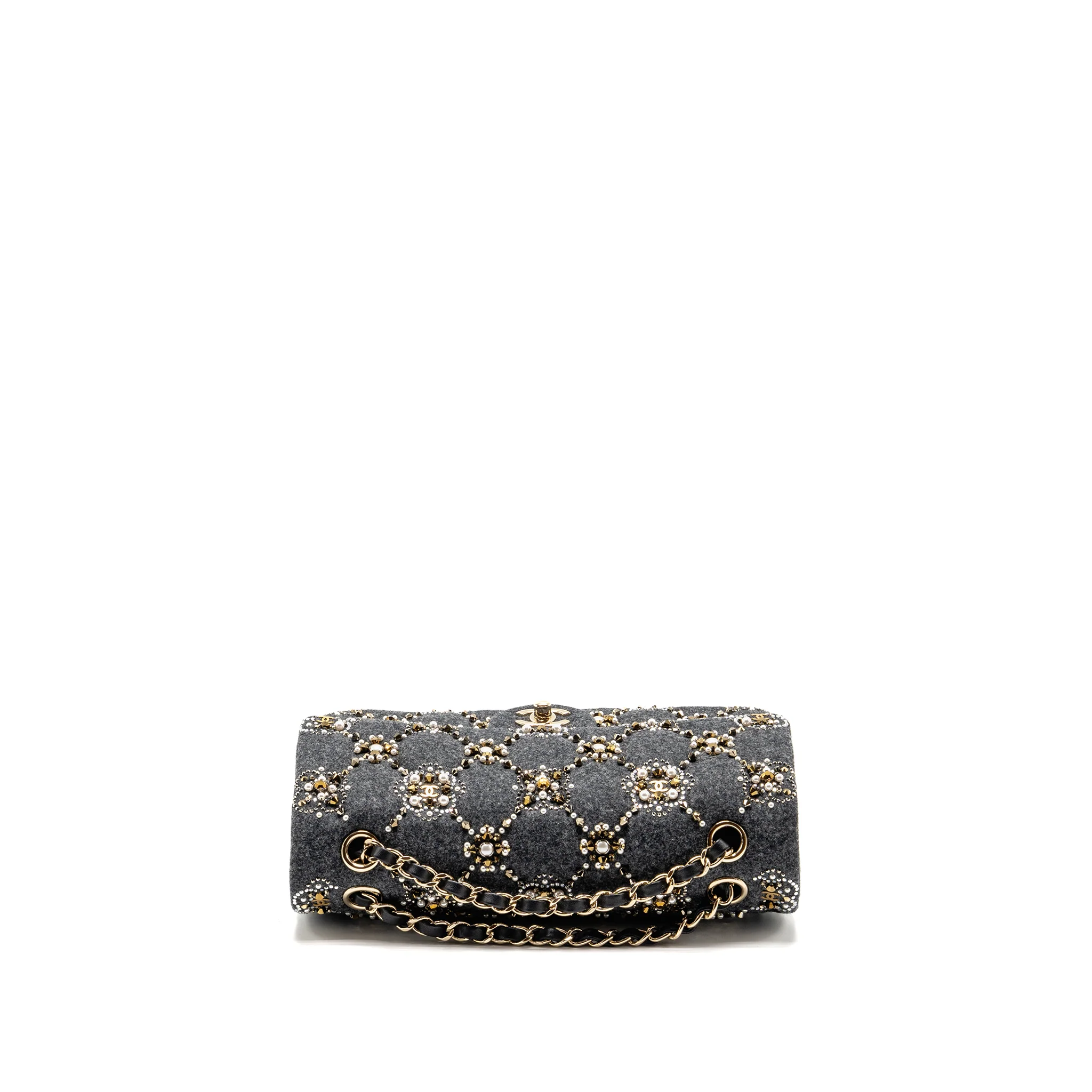Chanel 21A pearl strass crystal medium classic double flap bag fabric grey LGHW - Image 5