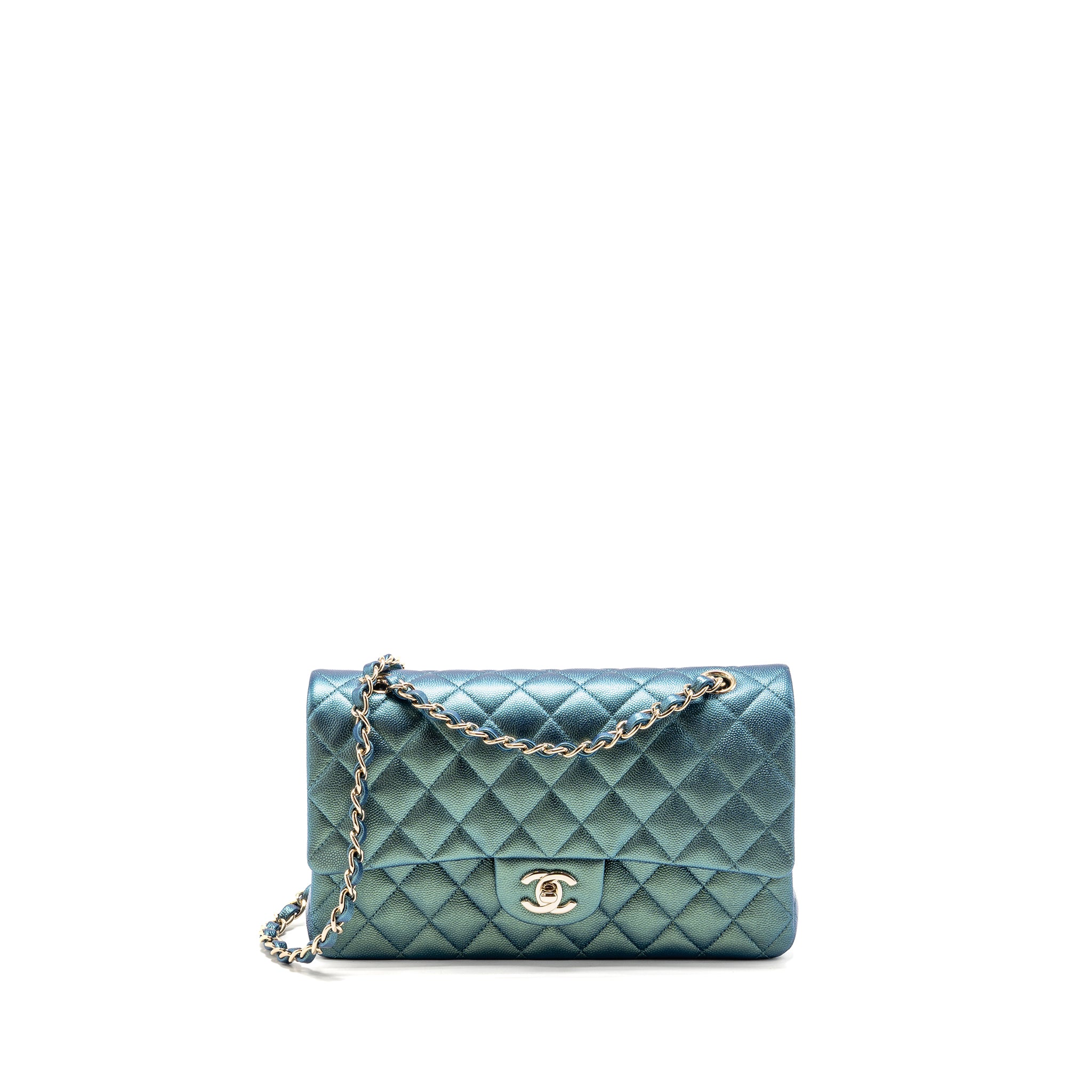 Chanel 22P Medium Classic Double Flap Bag Caviar IRIDESCENT Green LGHW (Microchip)