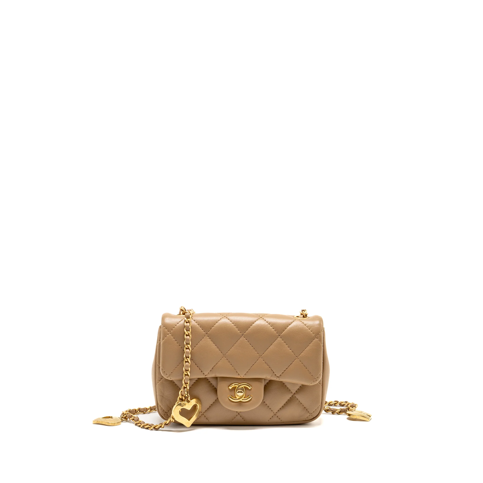 Chanel heart charms on chain flap bag lambskin beige GHW (microchip)