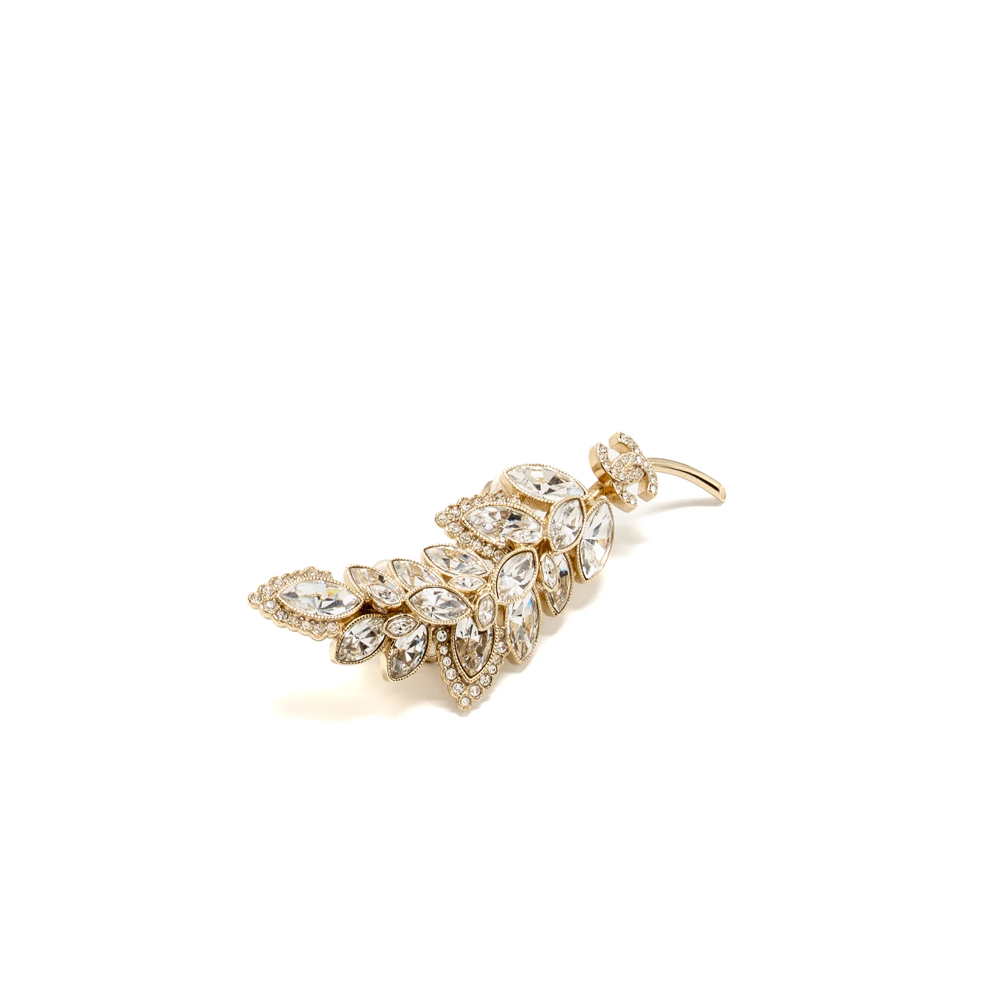 Chanel CC logo Crystal Leaf Single Ear Clips Light Gold Tone - Image 3