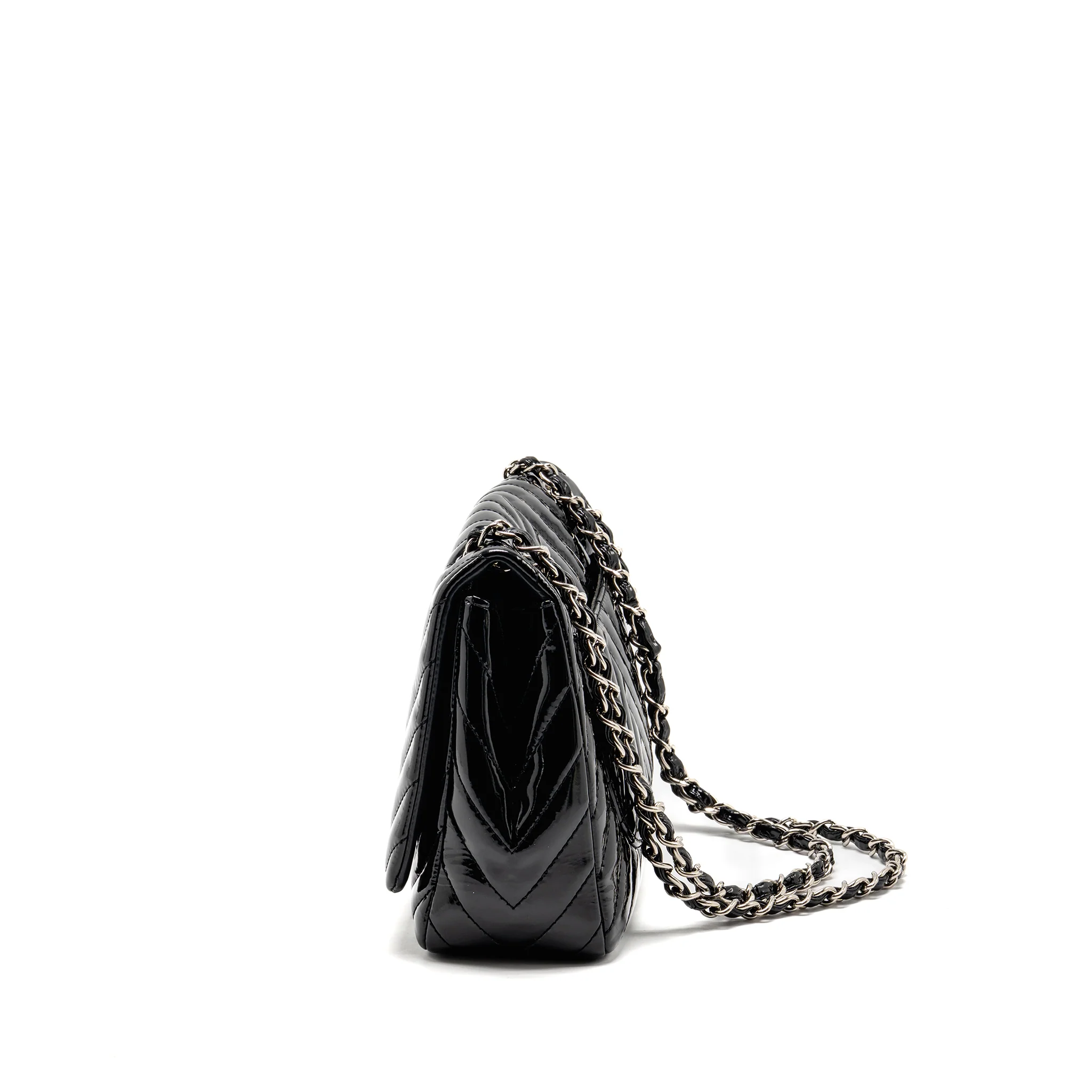 Chanel chevron jumbo single flap bag patent black SHW - Image 4
