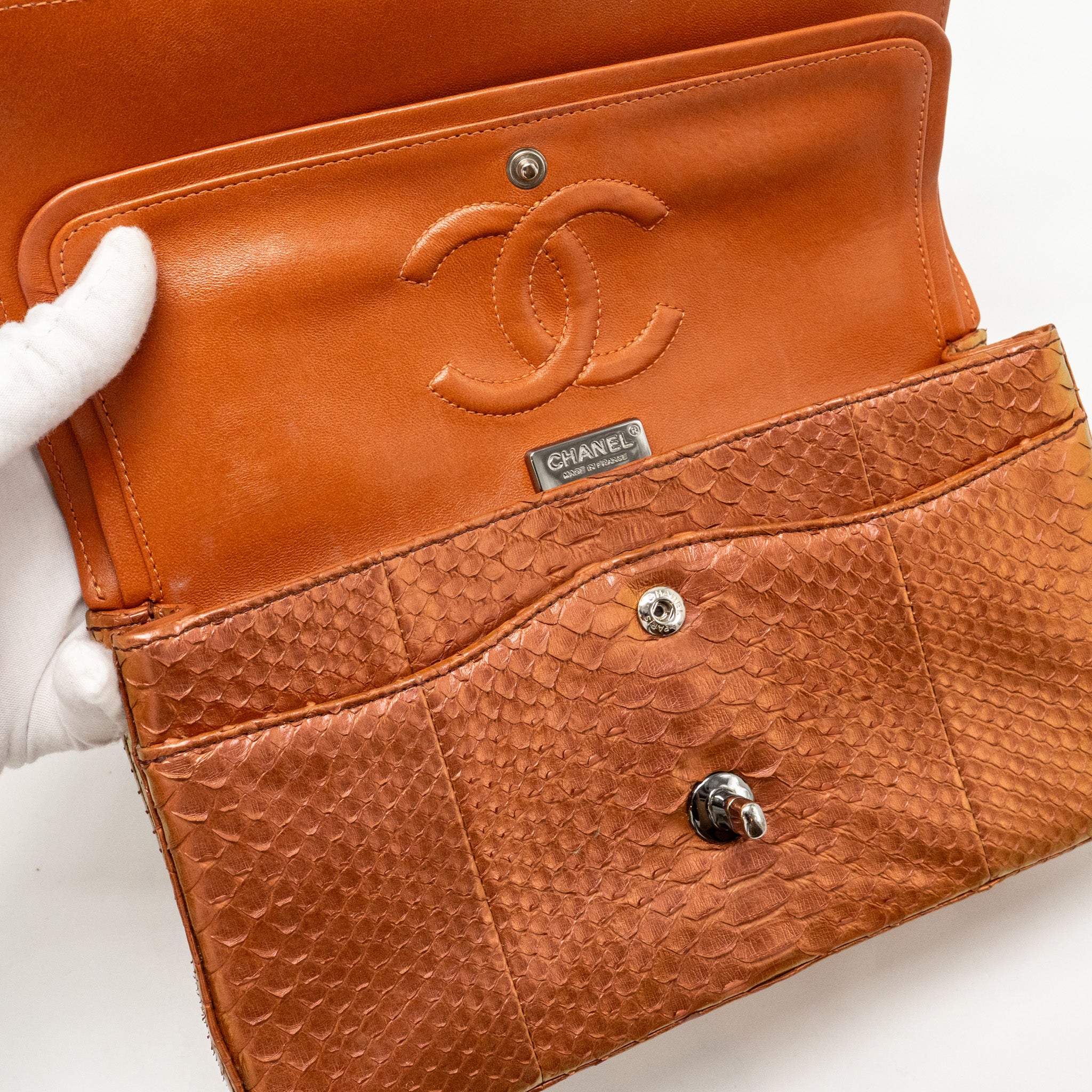 Chanel Classic double flap bag python leather orange SHW - Image 14