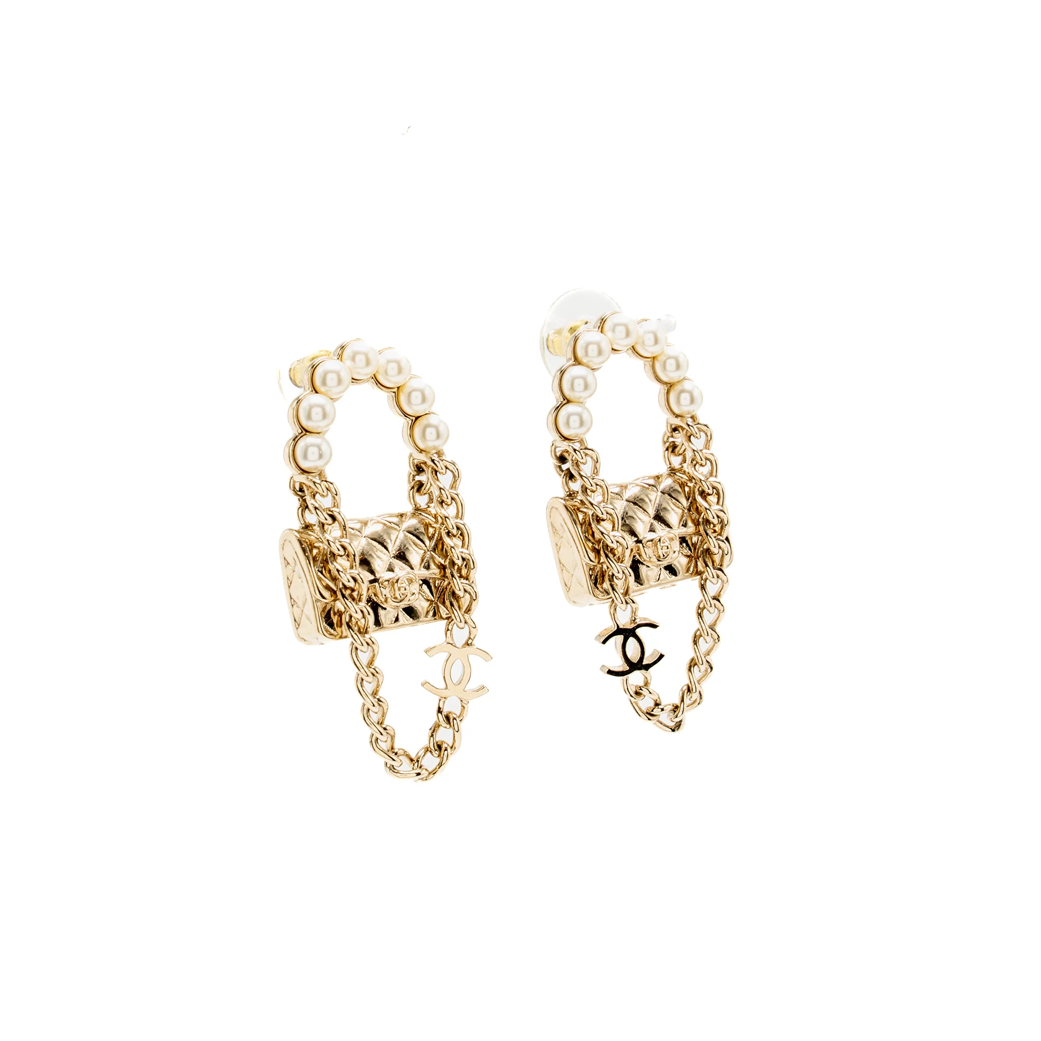 Chanel Classic Flap Bag with CC Chain Drop Earrings Pearl Light Gold Tone - Image 3