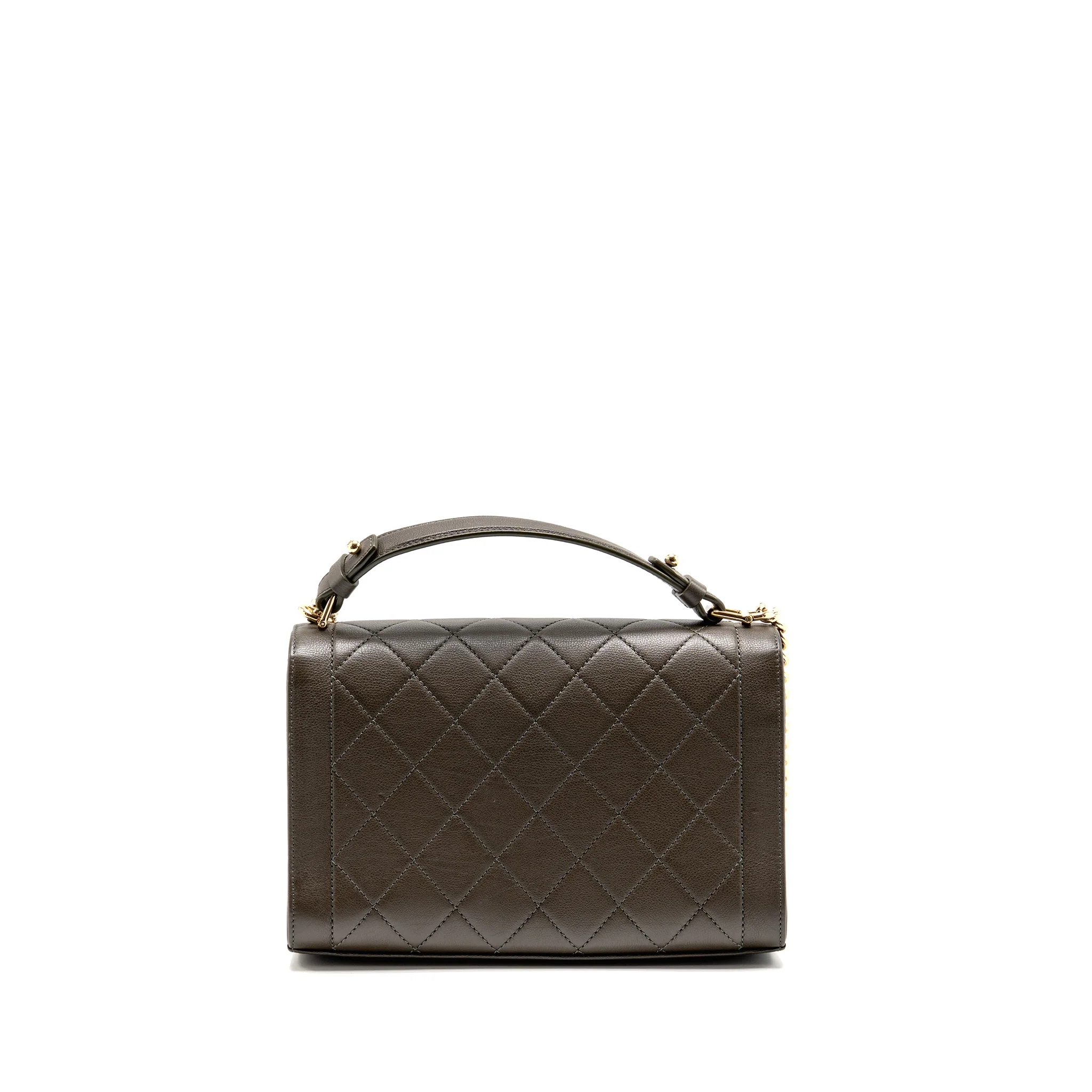 Chanel Top Handle Label Click Flap Bag Grained Calfskin Khaki LGHW - Image 2