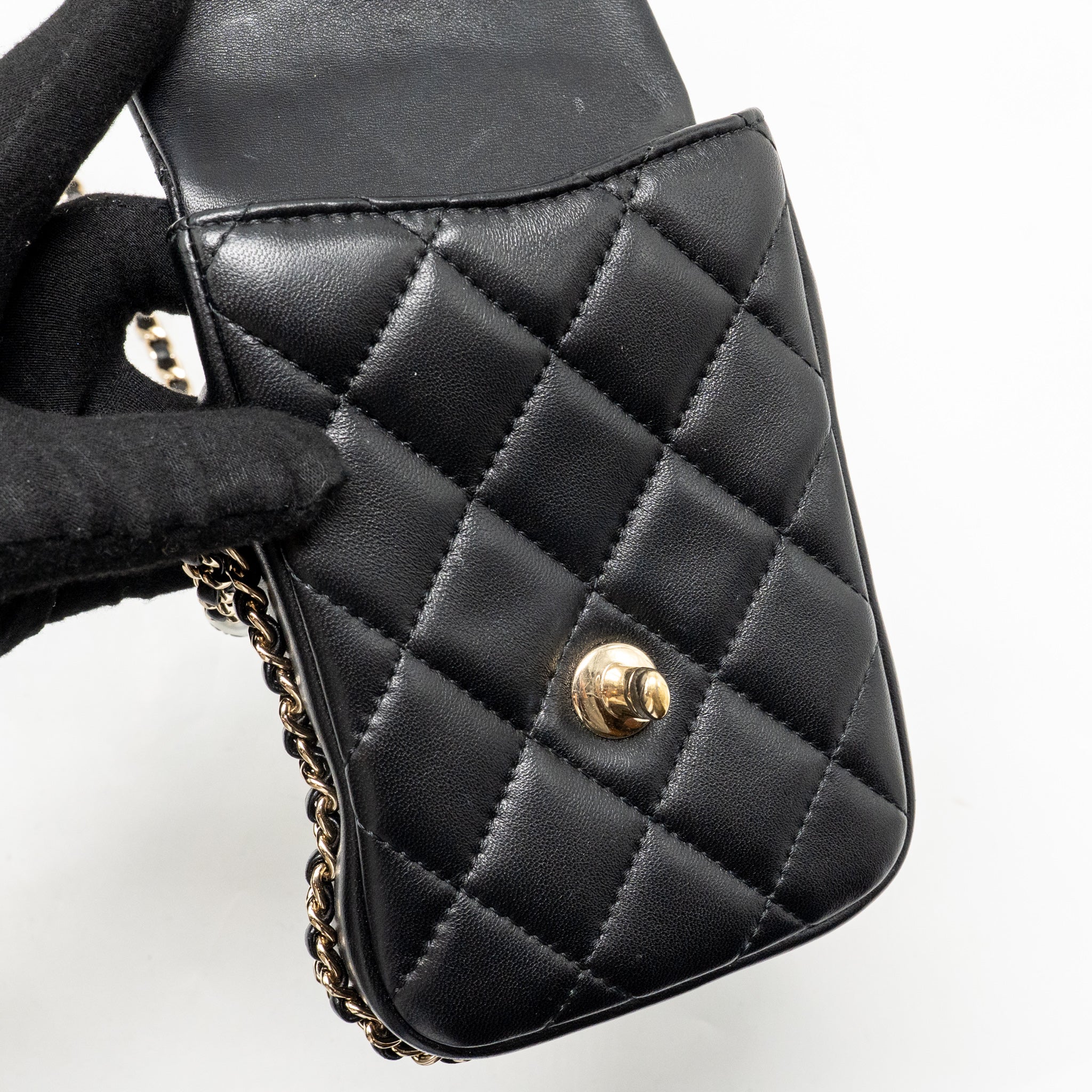 Chanel letter pearl chain mini flap clutch Lambskin black LGHW - Image 15