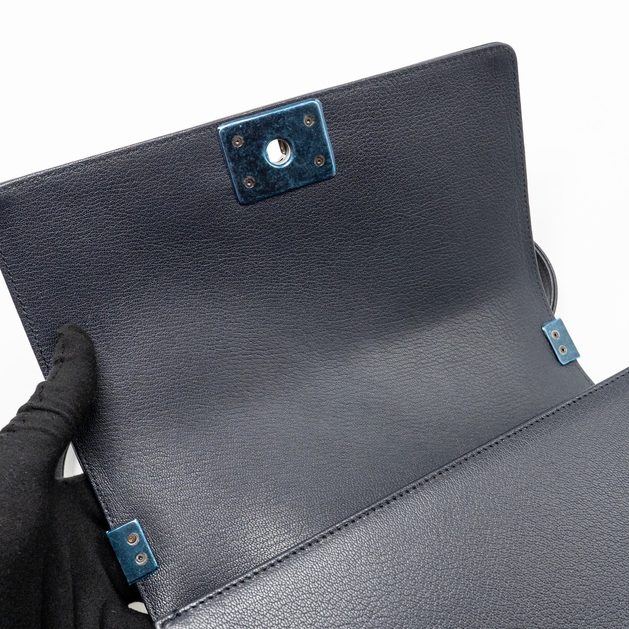 Chanel Medium Boy Bag Grained Calfskin Navy Ruthenium Hardware - Image 15