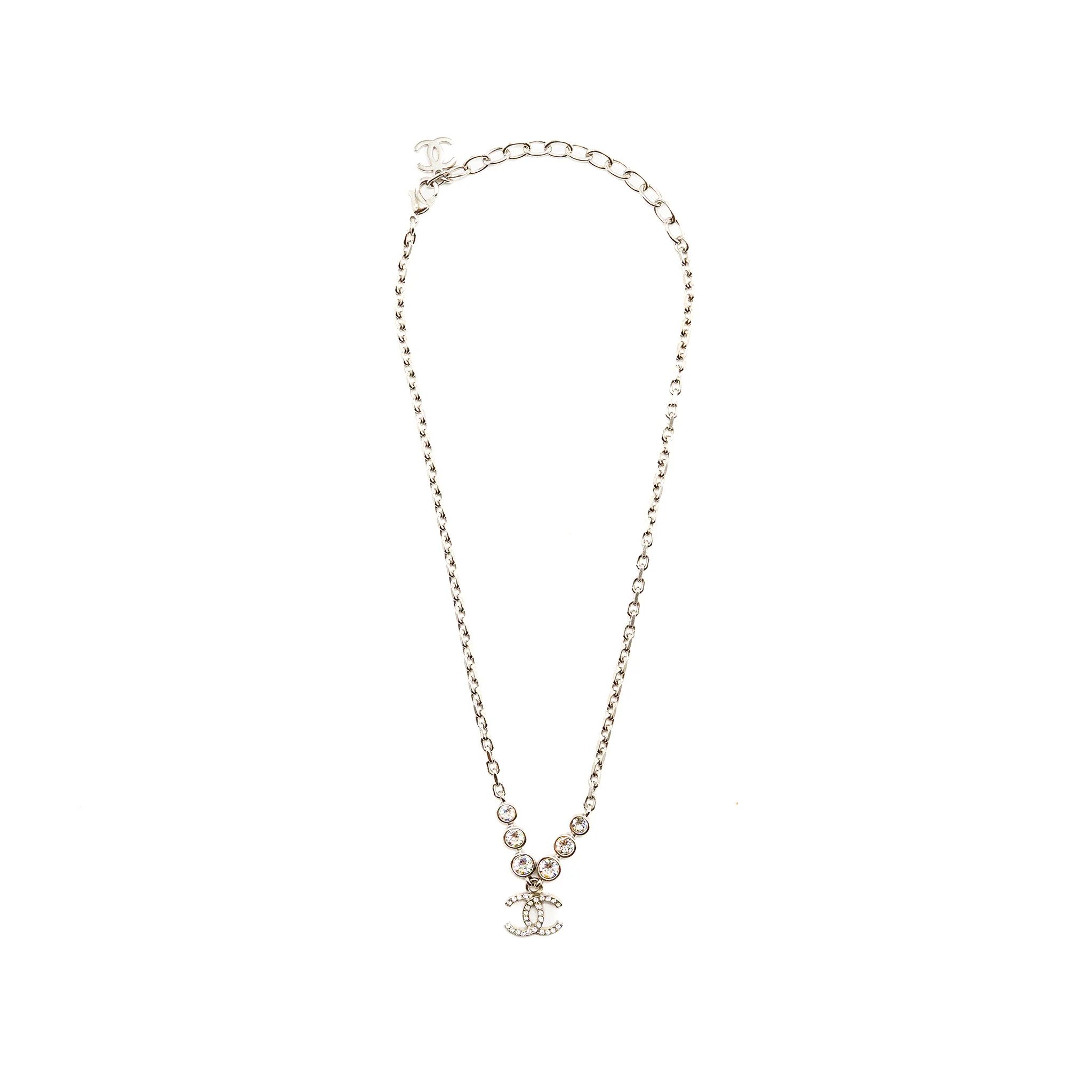 Chanel 21B CC Drop Necklace Crystal Silver Tone - Image 3