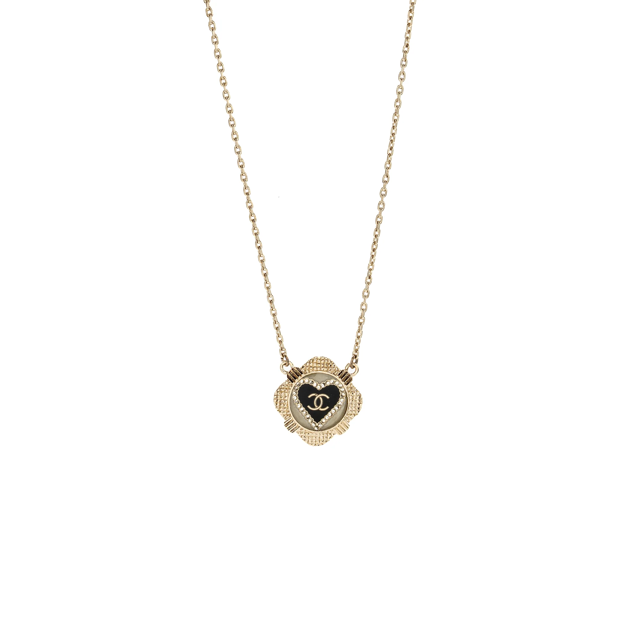 Chanel 21A CC Heart Necklace Crystal Black/White Light Gold Tone