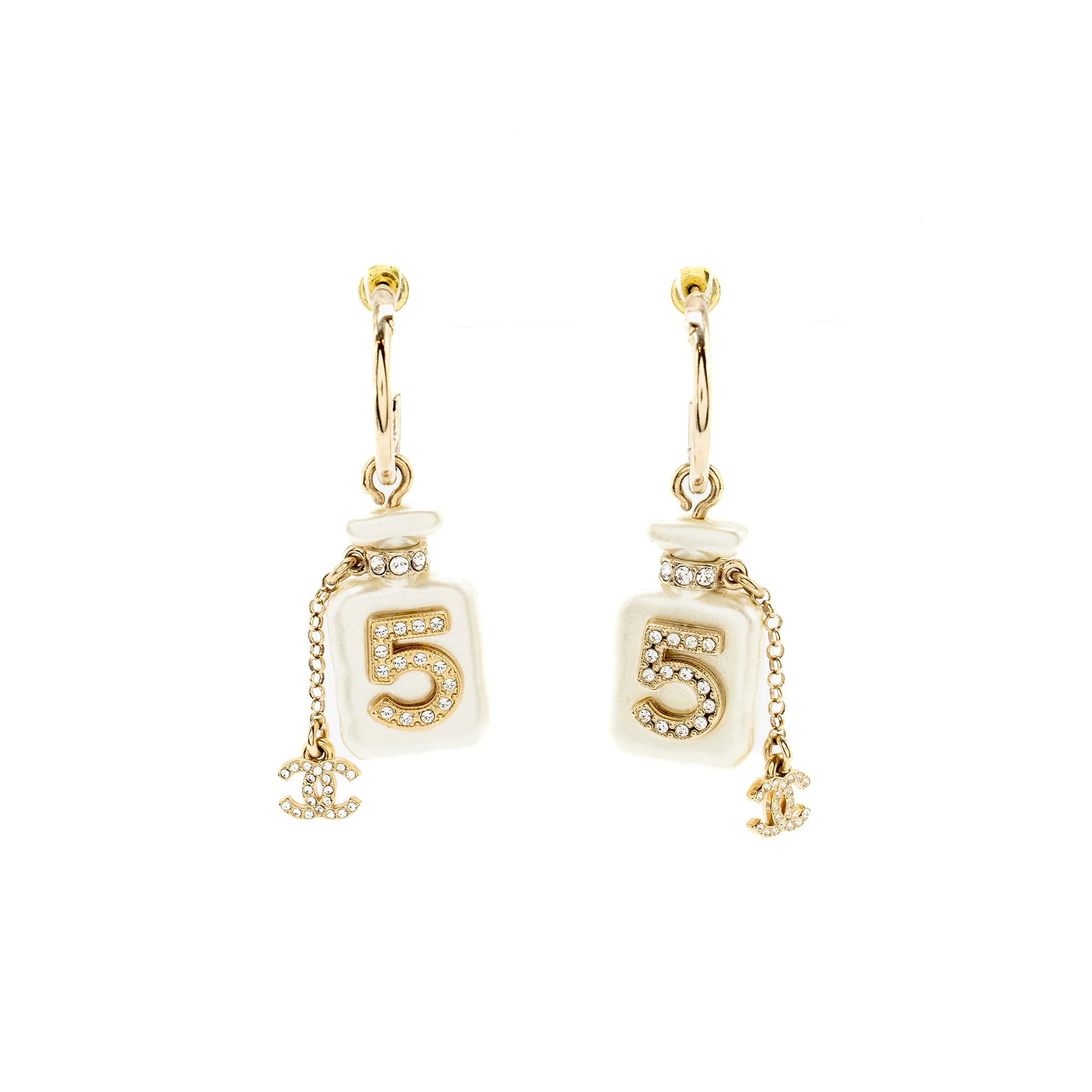 Chanel No.5 Perfume Bottle Drop Earrings Crystal Light Gold Tone