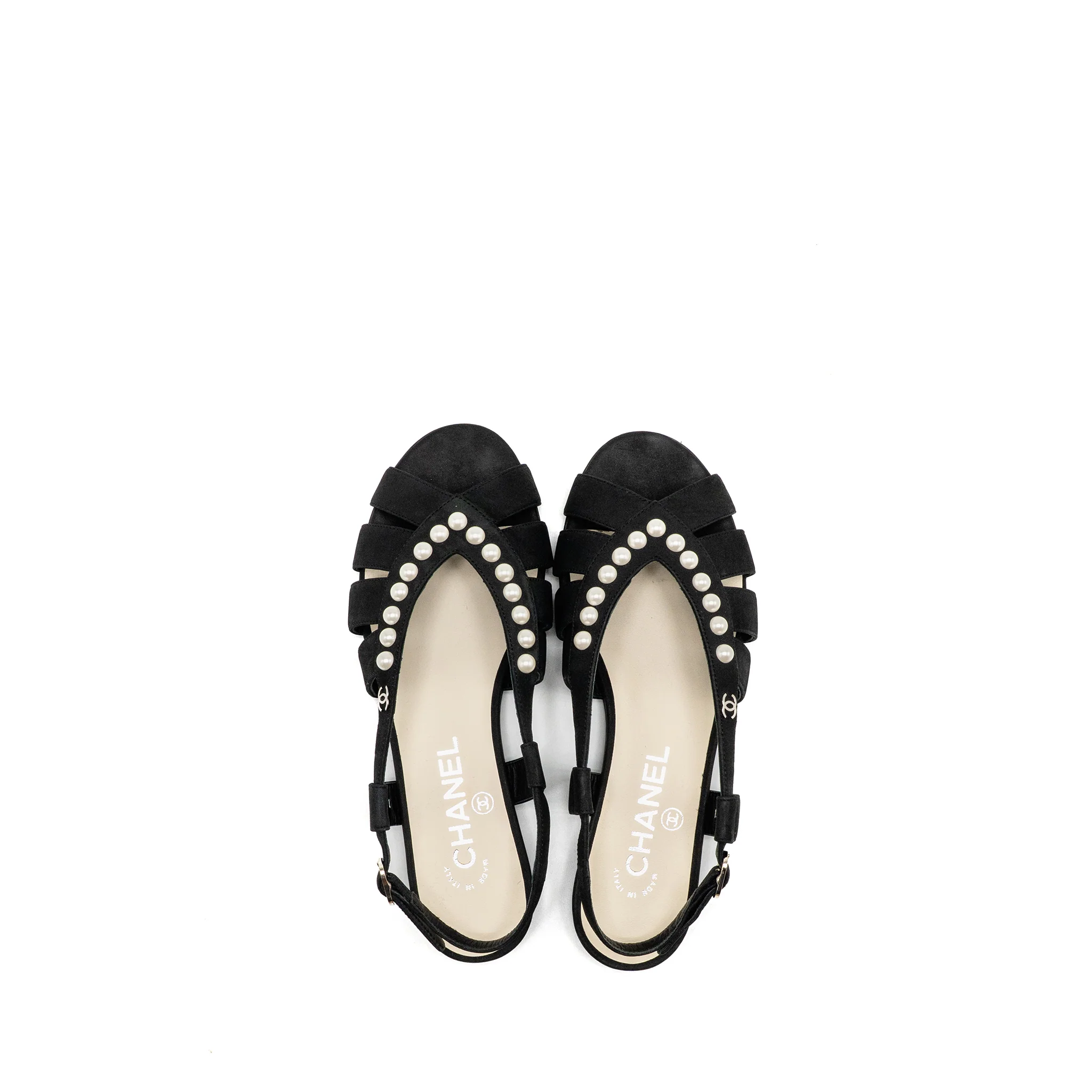 Chanel Size 36 Pearl Embellished Leather Slingback Sandals Black SHW - Image 2