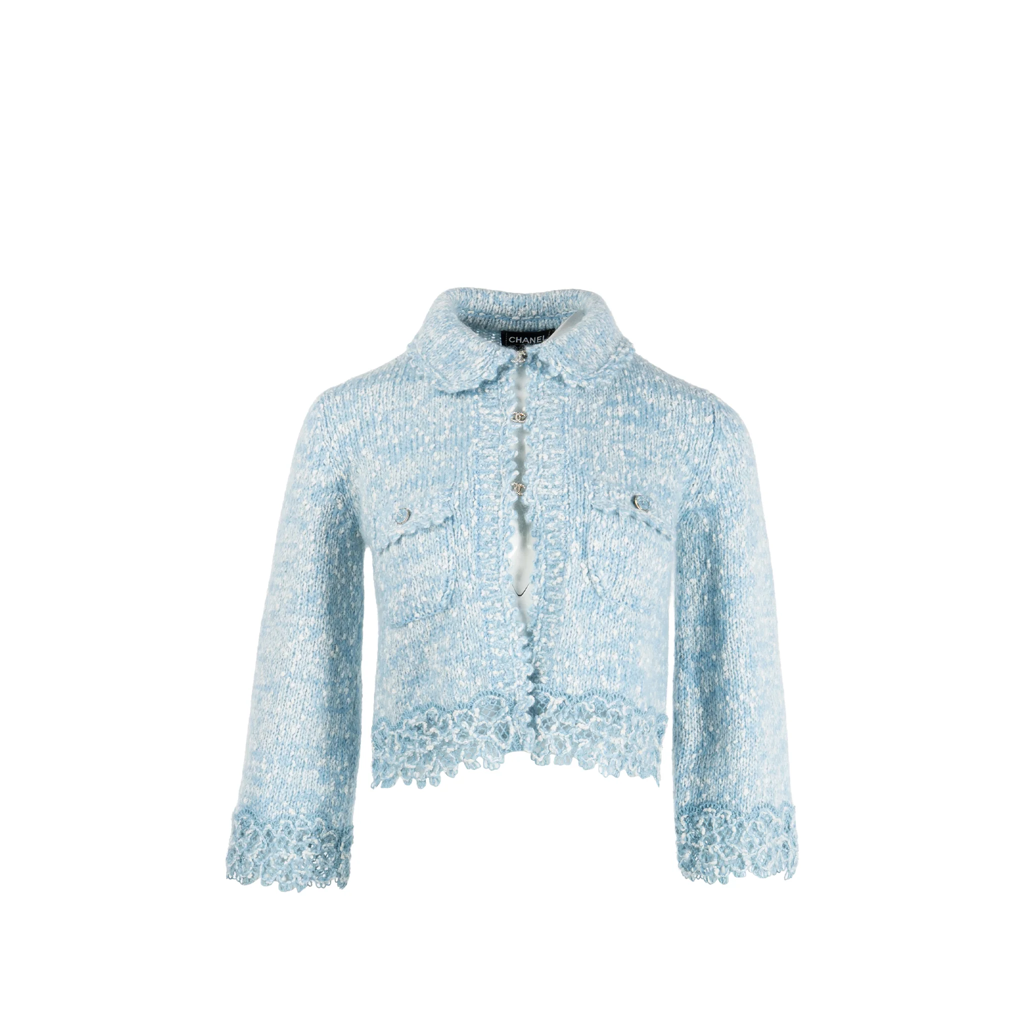 Chanel size 34 crochet cardigan with crystal cc logo buttons cotton/ mohair light blue