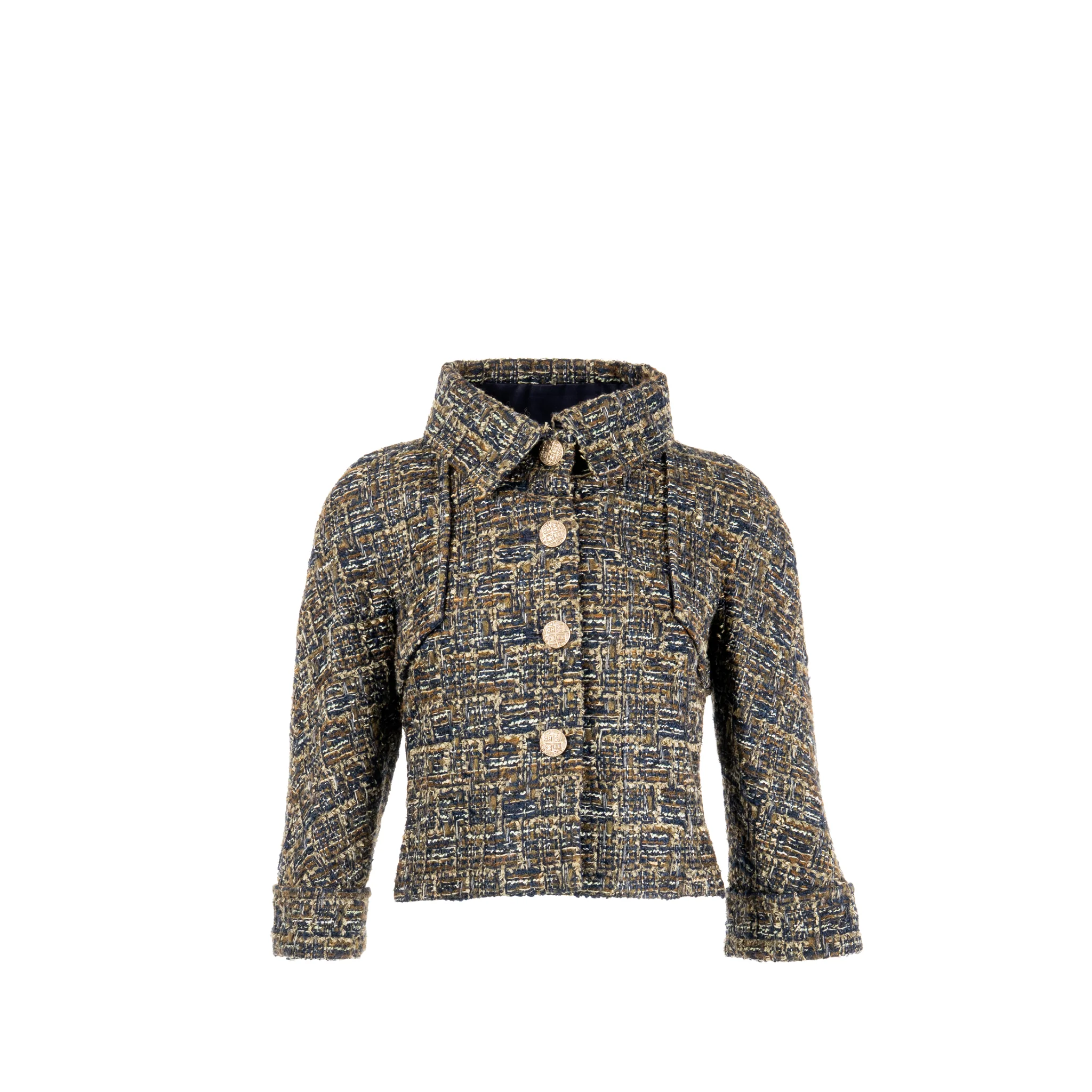 Chanel size 36 18B jacket fantasy tweed khaki / navy / grey