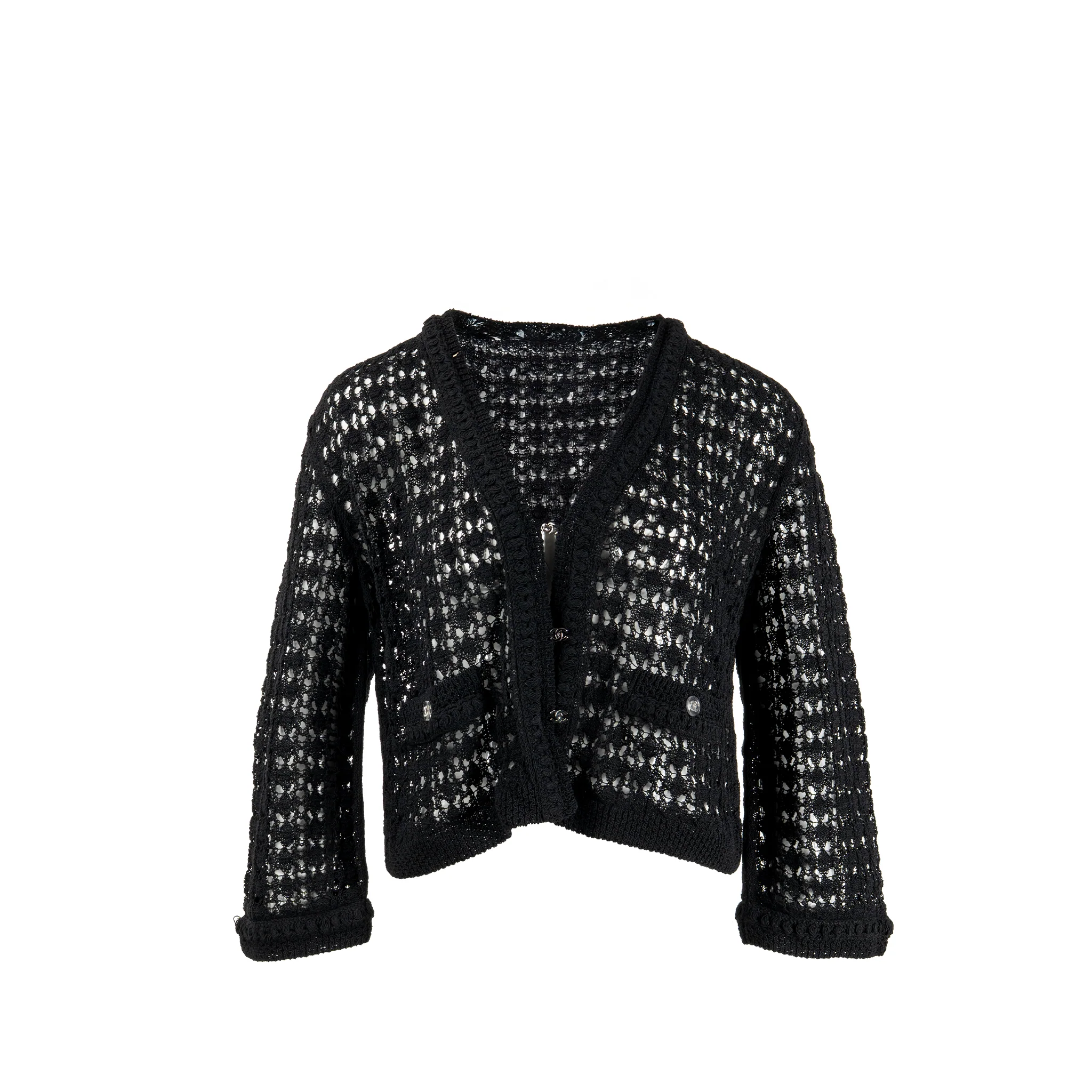 Chanel Size 38 Crochet Knit Cardigan Cotton/Polyamide Black