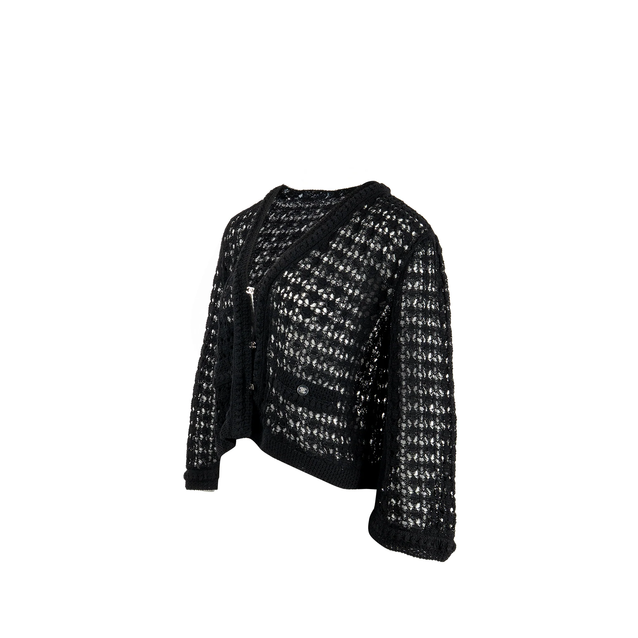 Chanel Size 38 Crochet Knit Cardigan Cotton/Polyamide Black - Image 3