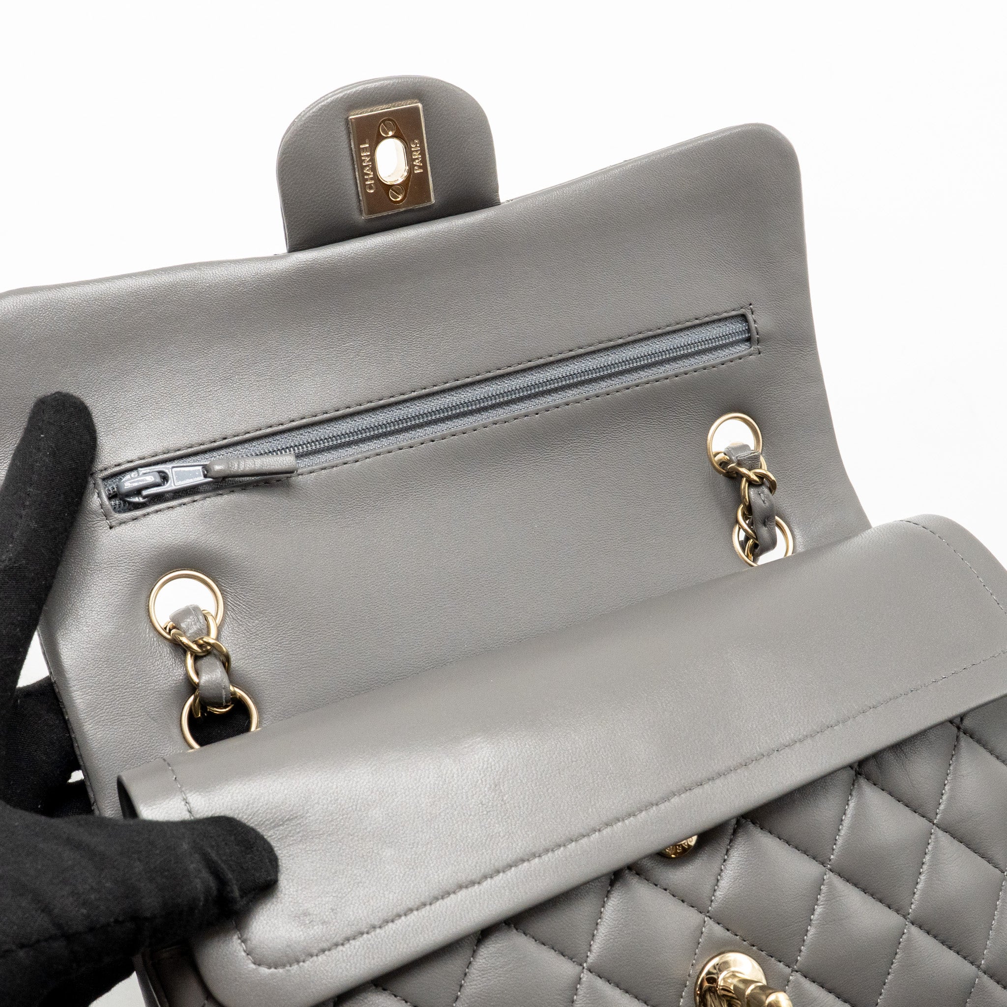 Chanel Small Classic Double Flap Bag Lambskin Grey LGHW (Microchip) - Image 14