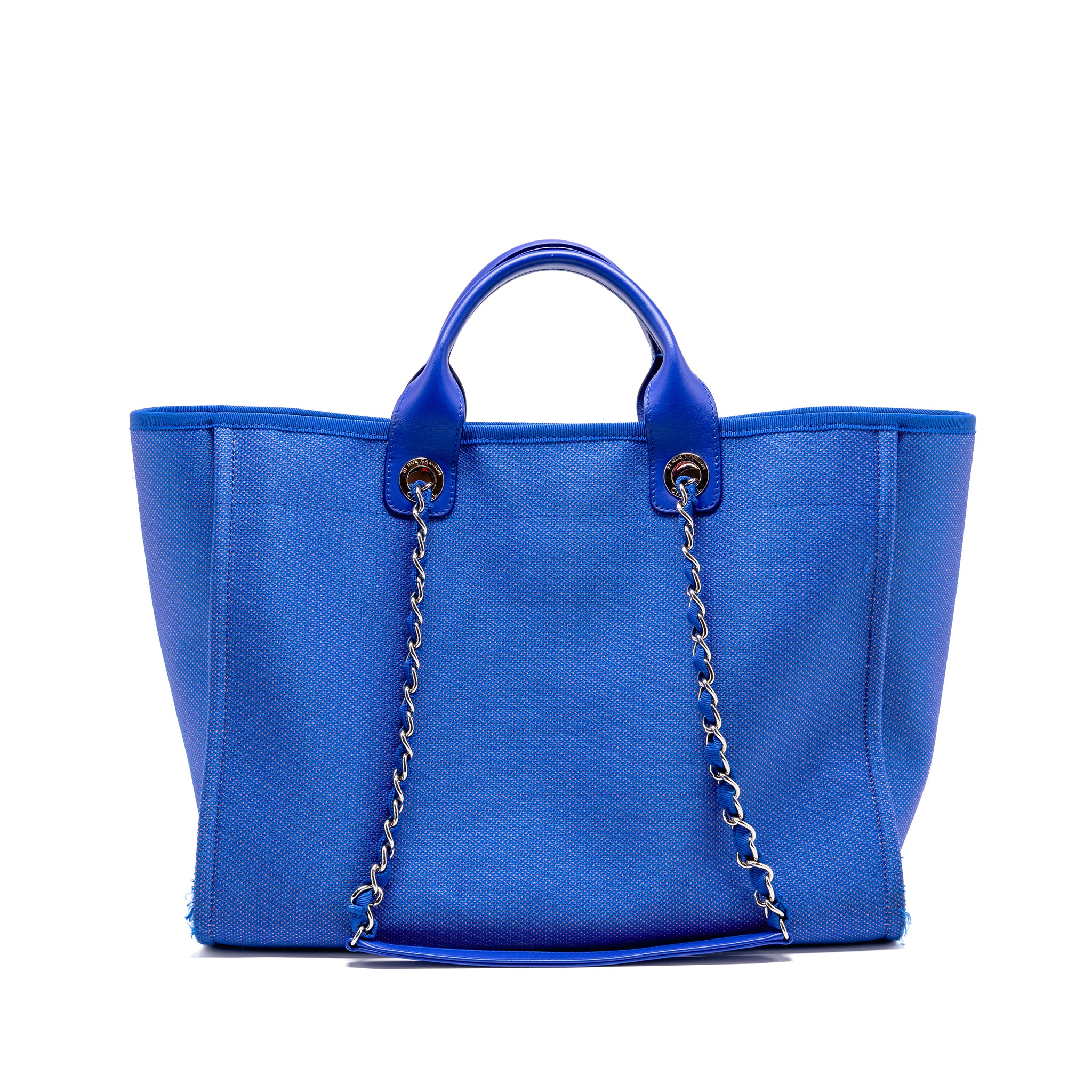 Chanel 21S Large Deauville Tote Shopping Bag Fluorescent Canvas/Leather Blue/Orange SHW - Image 2