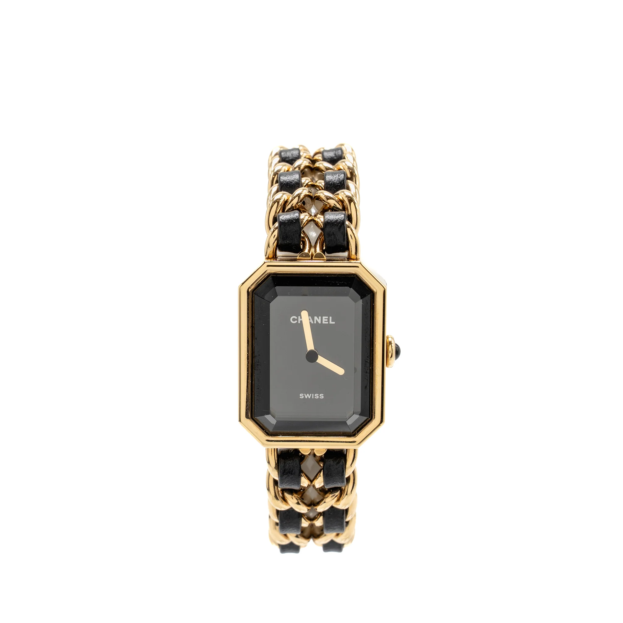 Chanel Size M Premiere Edition Originale Watch Steel Coated with Yellow Gold, Black Leather, Black-Lacquered Dial