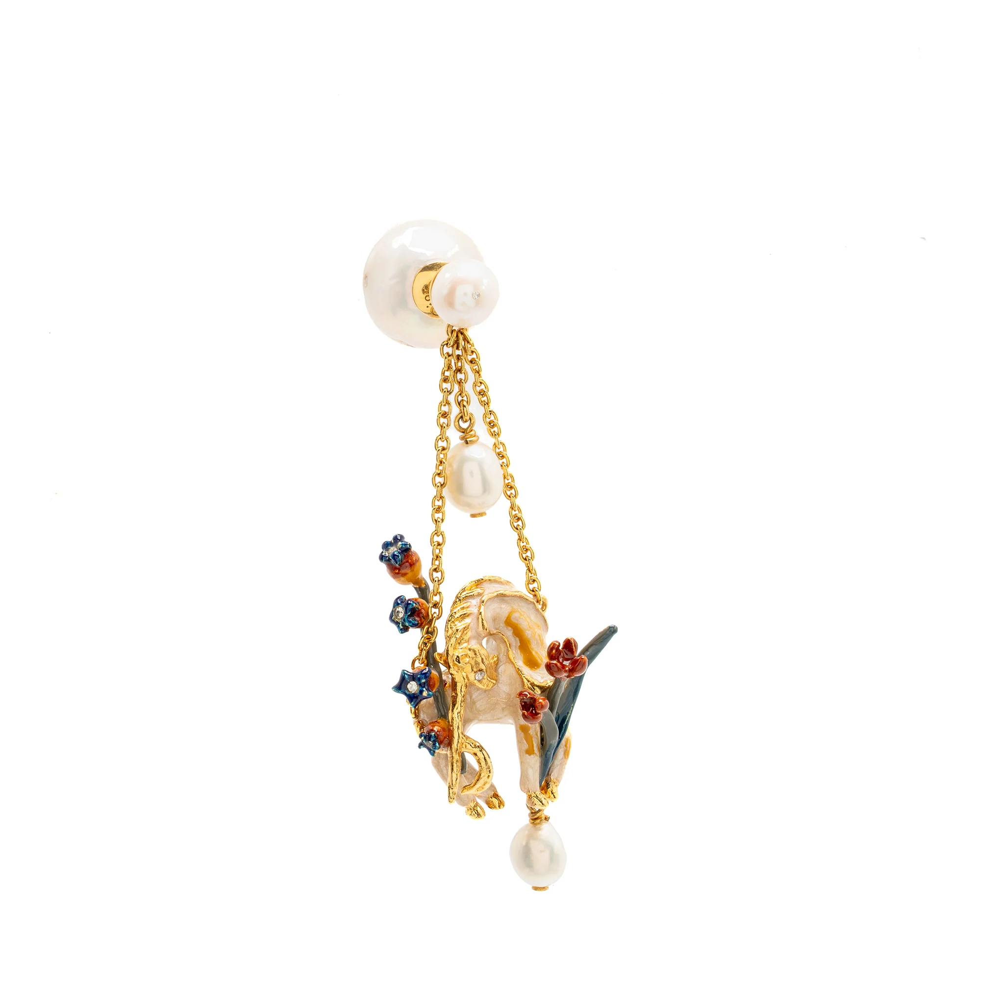 Dior Unicorn and Flowers Drop Pearl Single Earring Gold Tone - Image 2