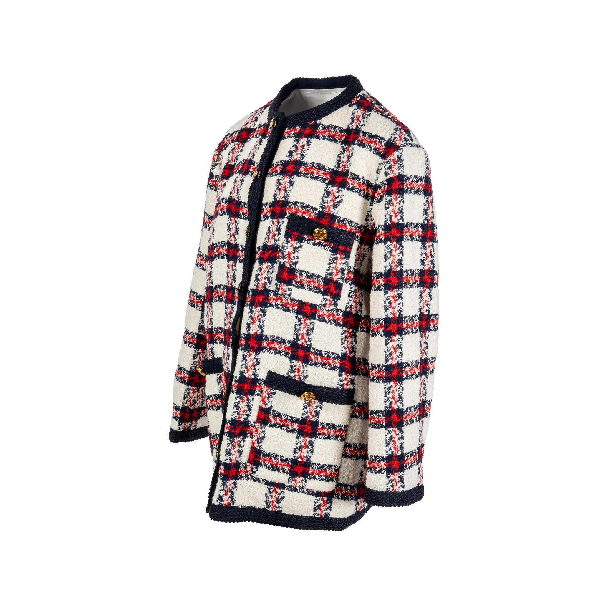 Gucci Size 44 Checked Tweed Jacket Polyamide/Wool/Cotton Red/White/Blue GHW - Image 3