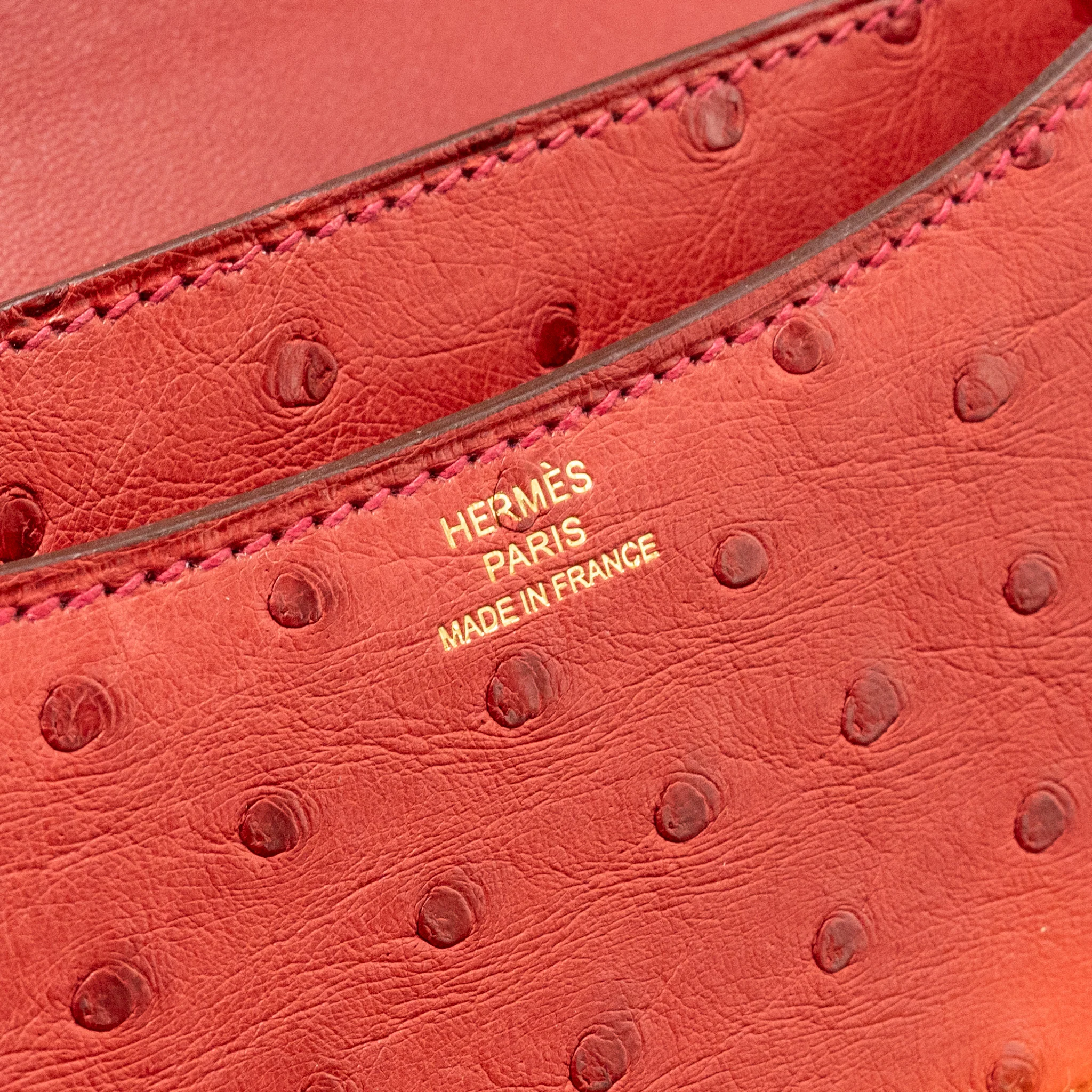 Hermes Mini Constance Ostrich Rouge Vif GHW Stamp A - Image 15