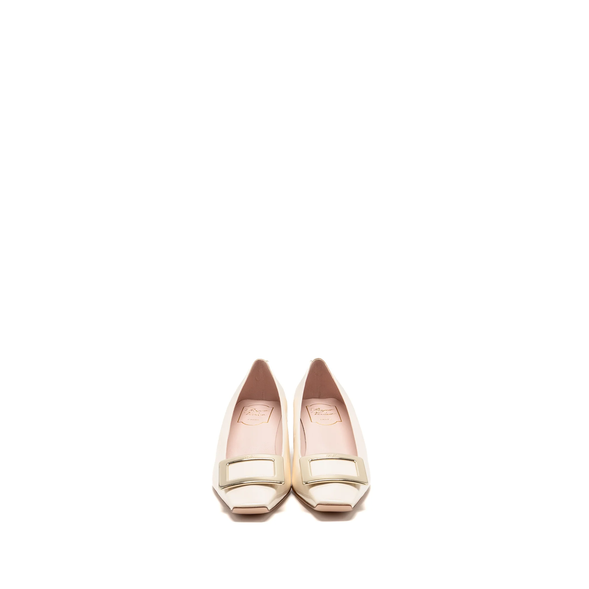 Roger Vivier Size 39.5 Belle Vivier Metal Buckle Pumps Patent Off-White LGHW - Image 3